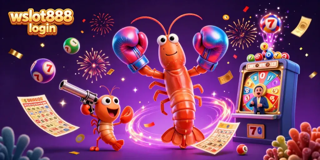 Gambarkan aksi slot di wslot888 login dengan udang mantis dan angka keberuntungan melayang
