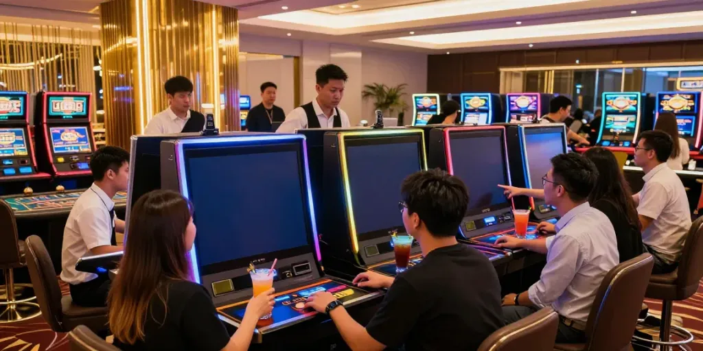 Experience the vibrant A80 homepage casino environment with players enjoying modern slot machines.