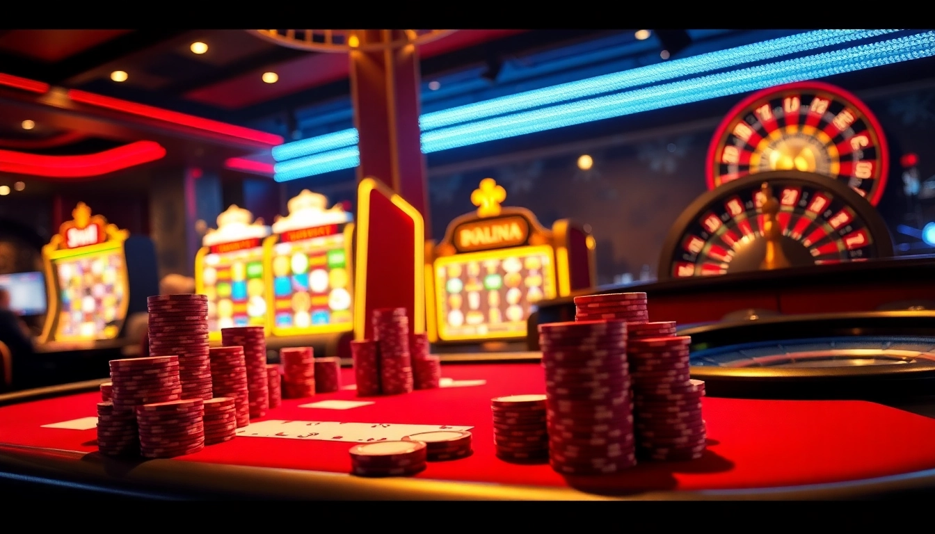 Experience the thrill of winning at 88I with vibrant casino visuals featuring a poker table and slot machine.