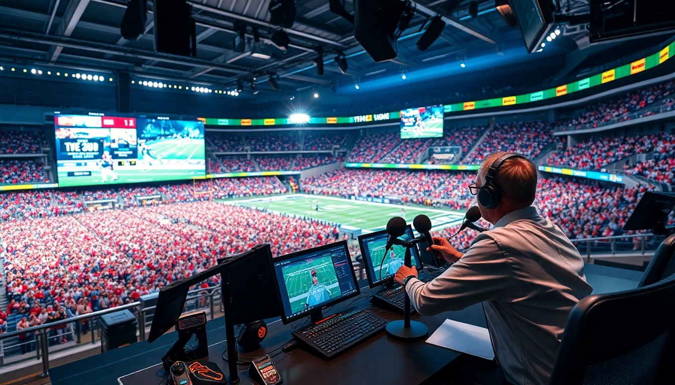 Engaging sports broadcasting scene with a dynamic commentator and vibrant stadium atmosphere.