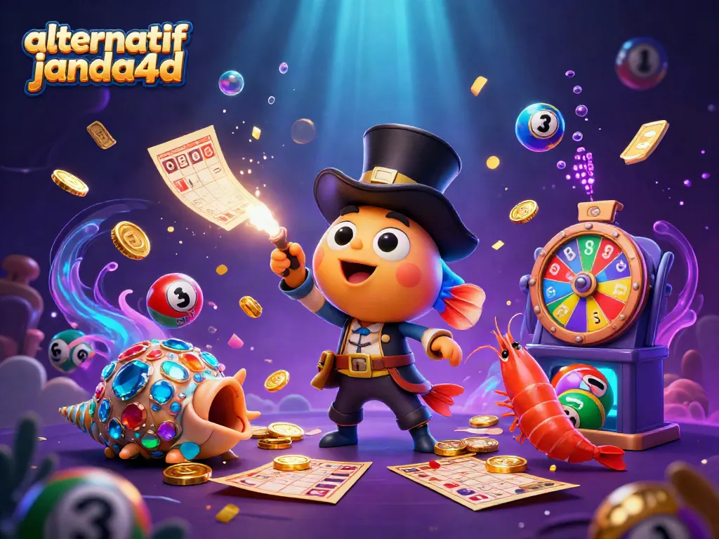 Memenangkan jackpot dengan alternatif janda4d dalam dunia permainan online, dengan ikan dan udang kartun yang mencolok.