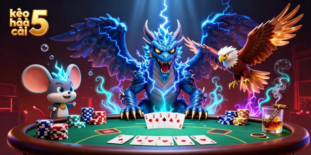 Experience kèo nhà cái 5 with a stunning scene showcasing a thunder dragon and poker elements.