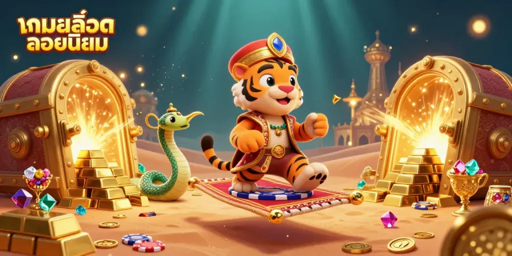 Engage withเกมสล็อตยอดนิยม as a 3D cartoon adventure featuring a sultan, genie, and treasures from a magical casino realm.