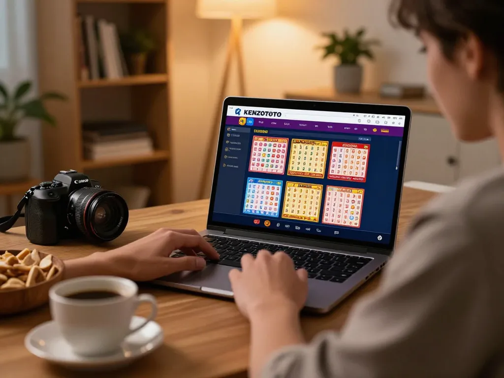 Orang menggunakan KENZOTOTO untuk perjudian online, tablet menampilkan hasil Toto Macau 4D di suasana rumah yang nyaman.
