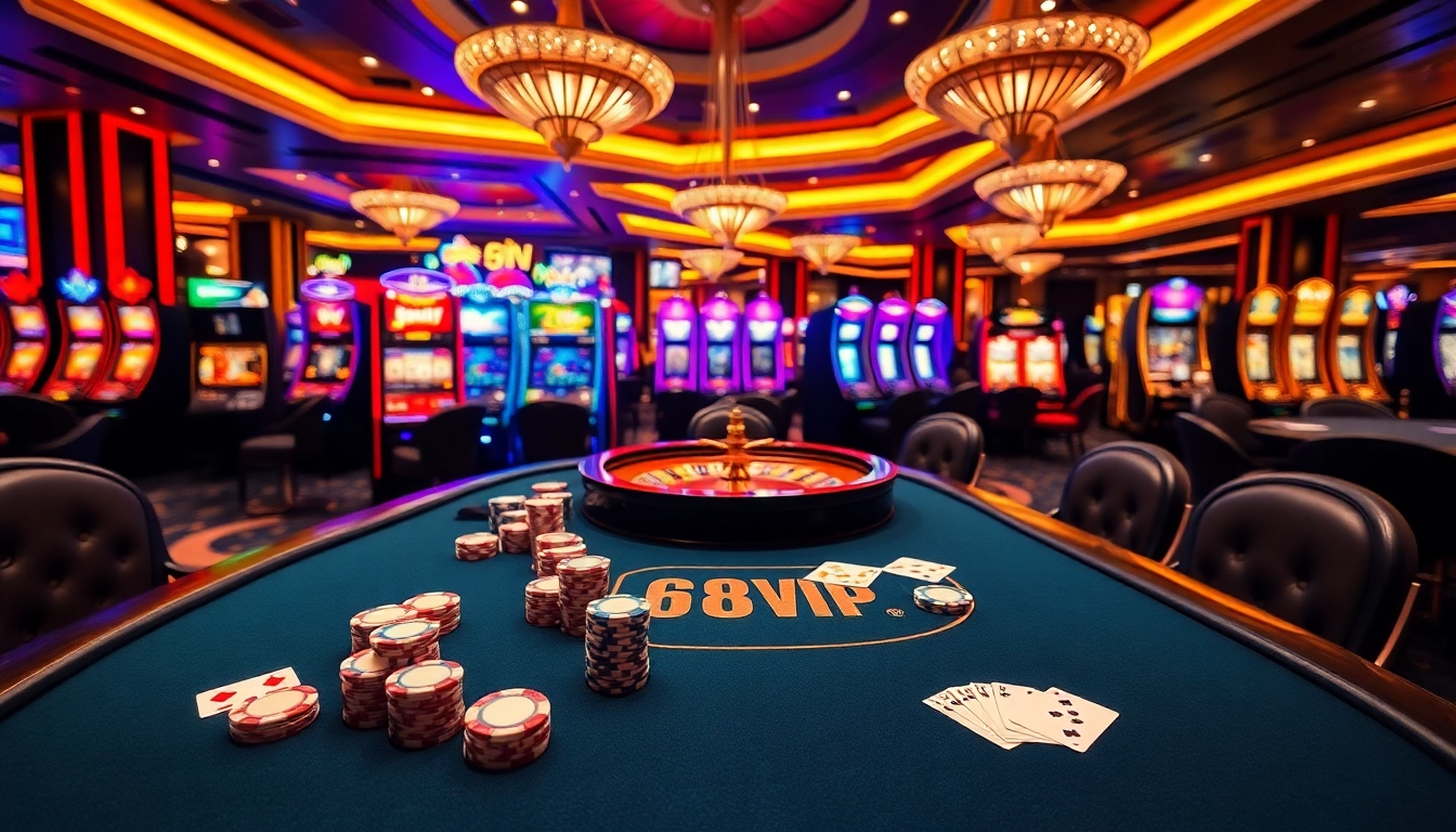 Experience thrilling gameplay at 68VIP's luxurious casino gaming table filled with vibrant poker chips and cards.