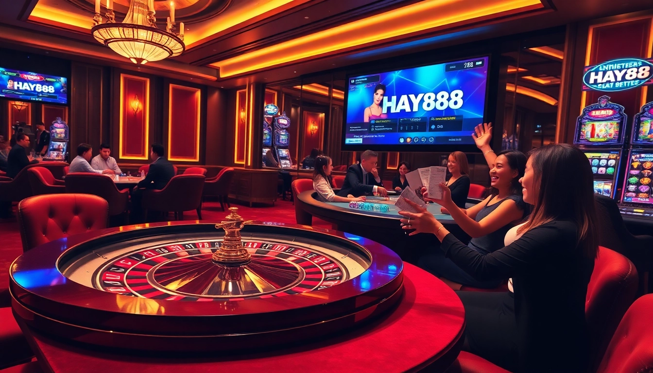 Experience the thrill at HAY88 with players celebrating wins at an upscale casino gaming scene.