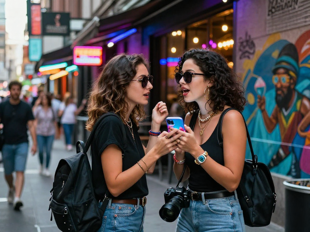 Đêm phố sôi động với gái gọi, đèn neon sáng và bạn bè vui vẻ.