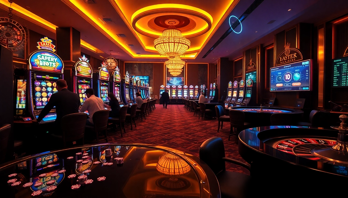 Situs slot demo showcasing players engaged in vibrant slot machines in a luxurious casino setting.