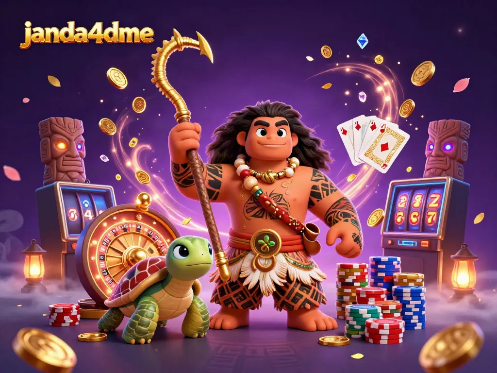 Janda4dme menghadirkan ilustrasi kasino yang penuh warna dengan sosok demigod Maui bermain di antara koin emas dan permainan dadu.