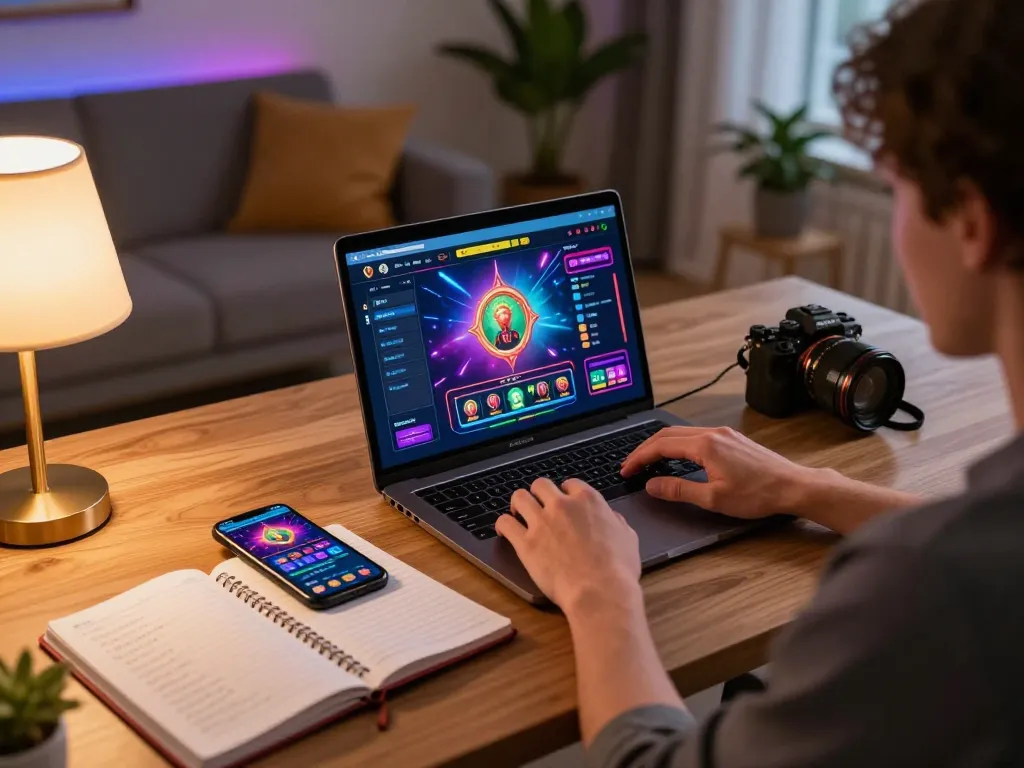 Engaging scene of a player using tr88 casino app with strategy notes on desk in a cozy home setting.