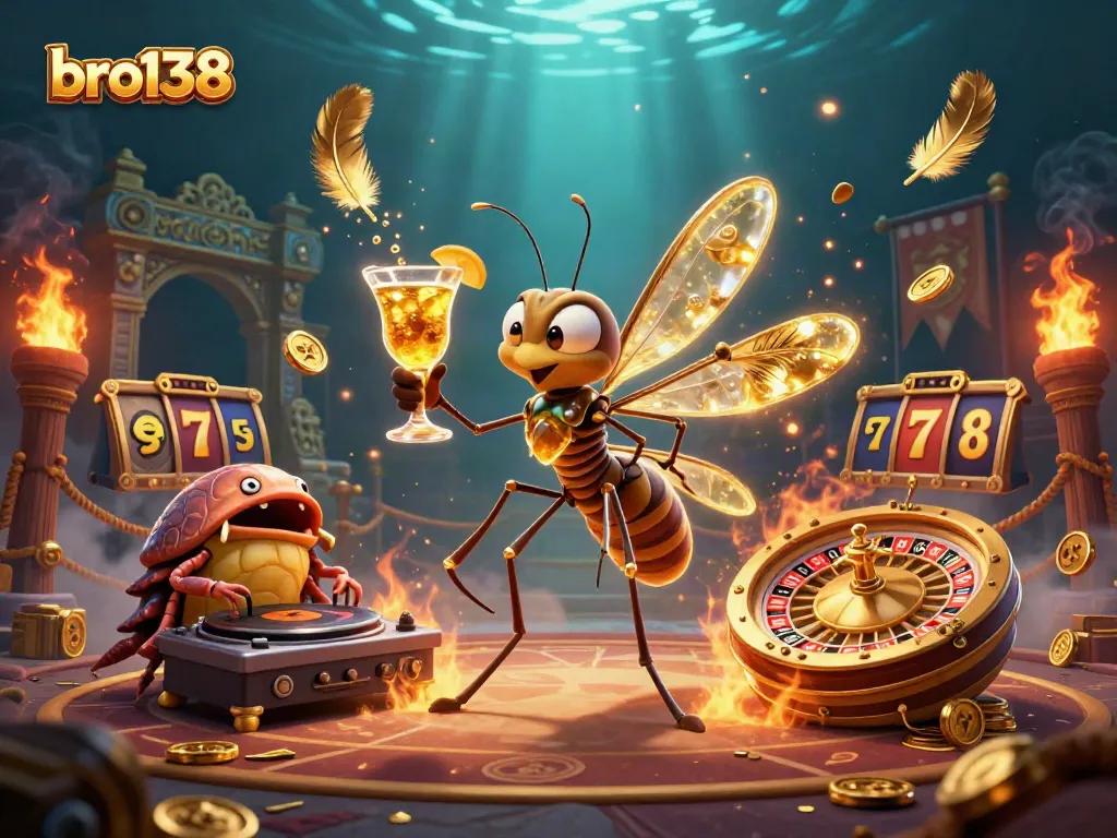 Engage with exciting bro138 gameplay featuring a unique frozen-in-amber mosquito mascot amidst casino elements.