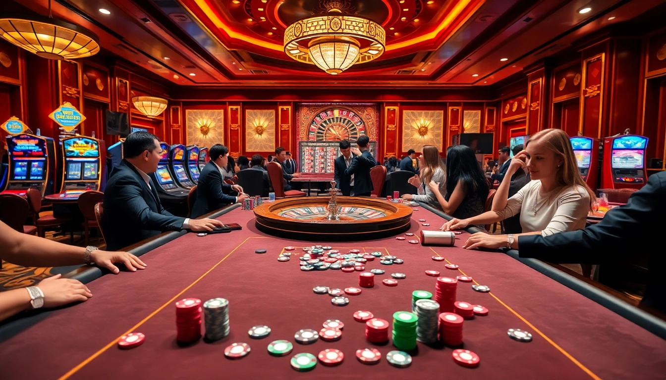 Exciting gambling scene at Nhà Cái 68VIP Có Uy Tín with poker tables and vibrant slot machines.