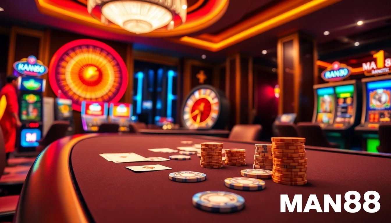 Experience thrilling gameplay at Man88's casino table, boasting vibrant slot machines and a spinning roulette wheel.