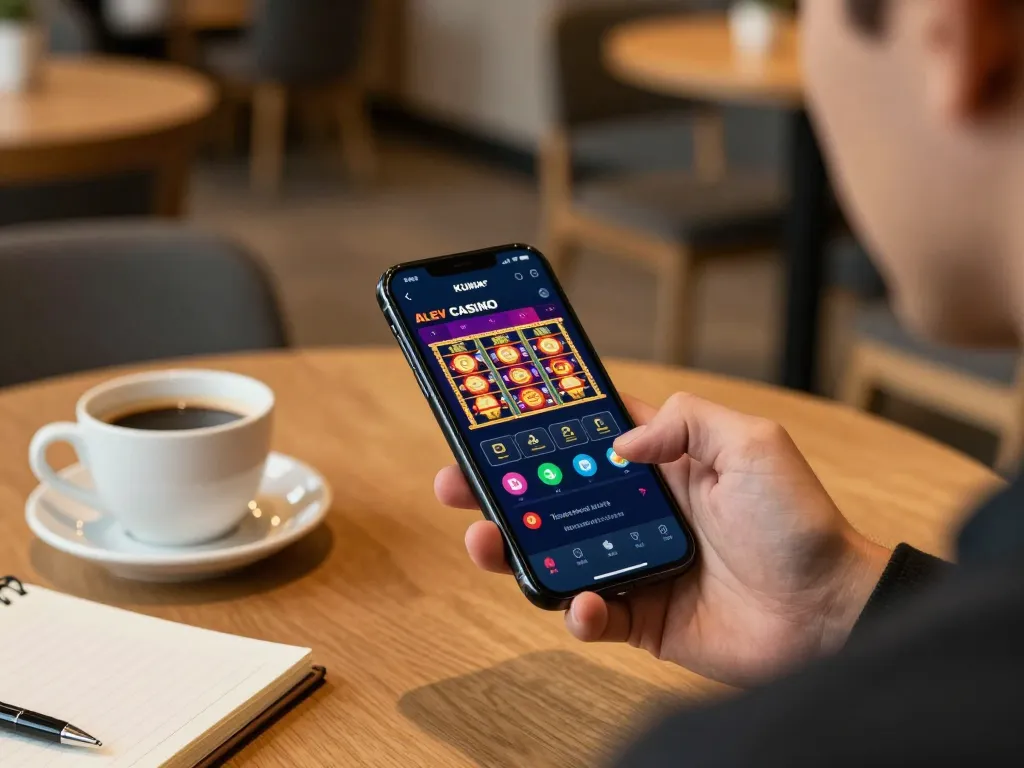 Engaging with Alev Casino kumar app on a smartphone while enjoying coffee, showcasing mobile gambling experience.
