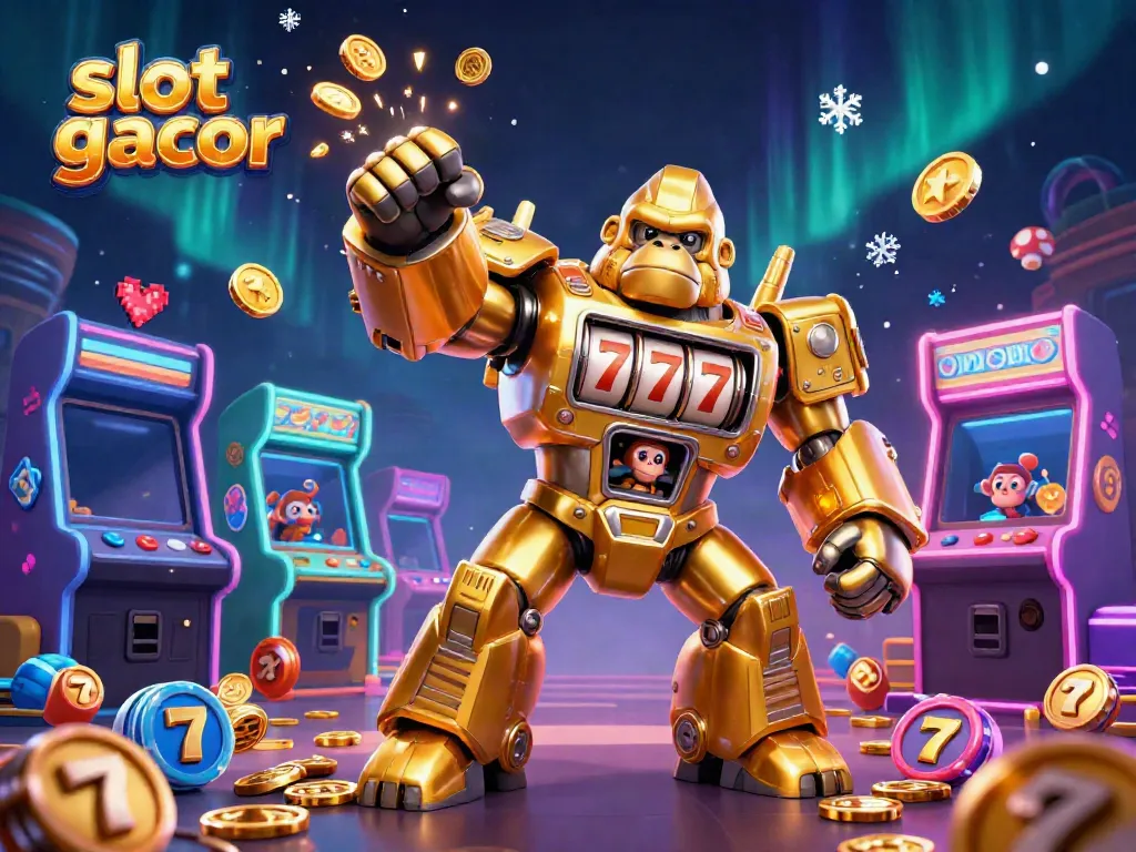 Slot gacor menampilkan karakter gorila emas bertransformasi dan elemen permainan slot dalam ilustrasi kasino.
