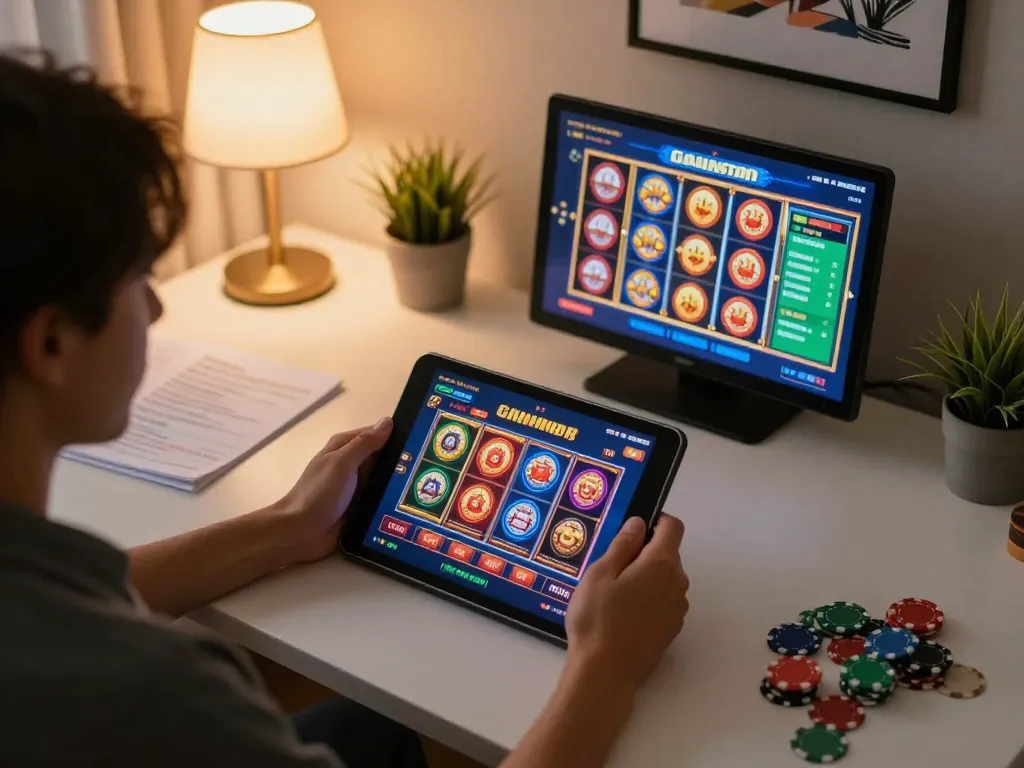 Engaged player enjoying non Gamstop casino games on a tablet, showcasing an exciting online gambling experience.