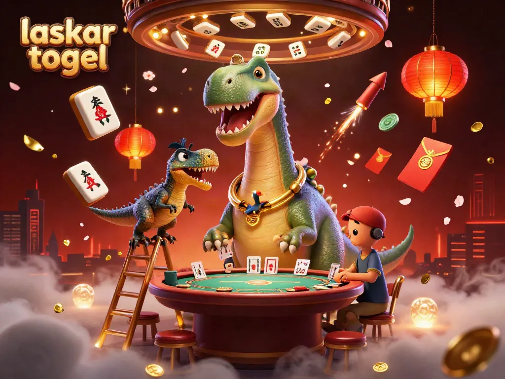 Engage with laskar togel's dynamic gaming world, featuring a whimsical casino scene with a playful brontosaurus.
