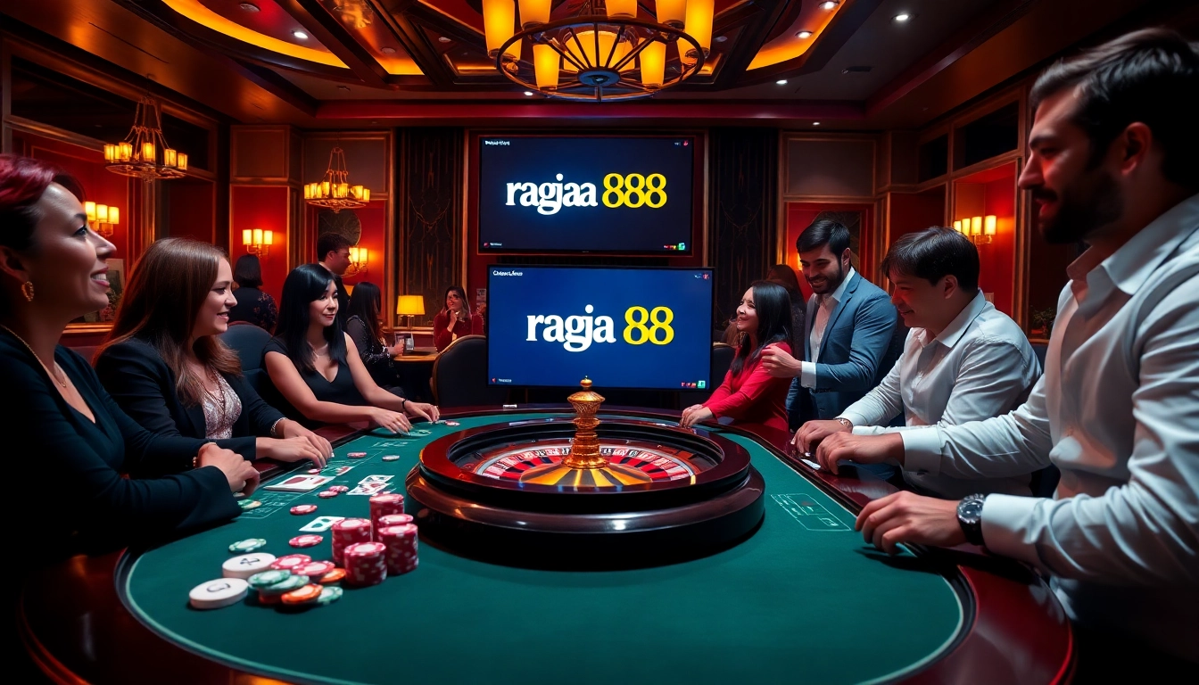 A vibrant casino scene featuring players engaged at the raja 88 gaming table.