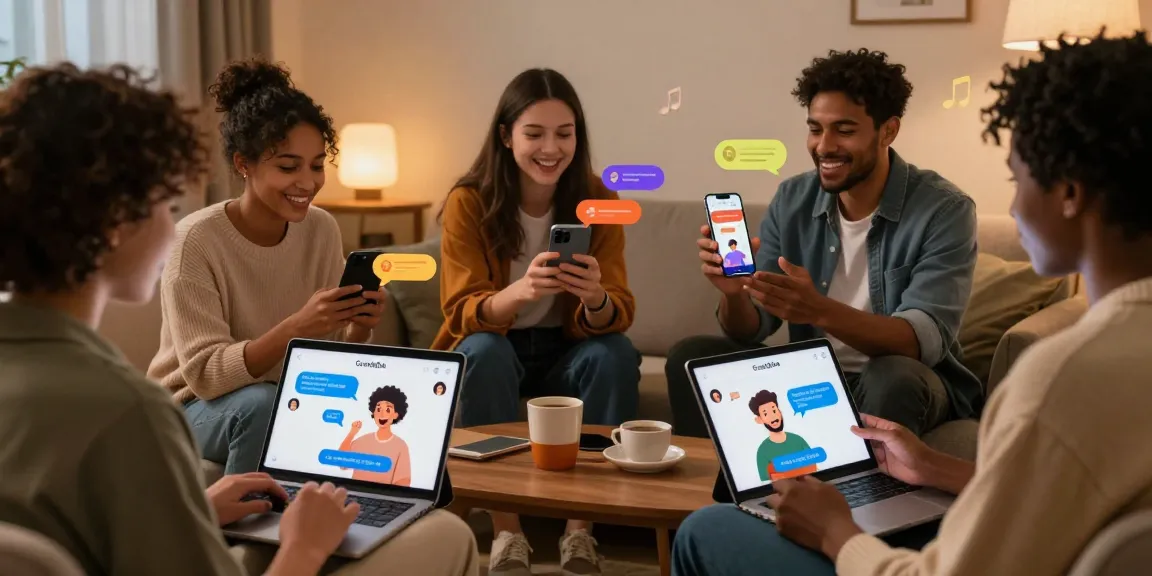 Engaging scene of users interacting with CrushOn AI characters through smartphones and tablets in cozy home settings, showcasing vibrant emotional chats.
