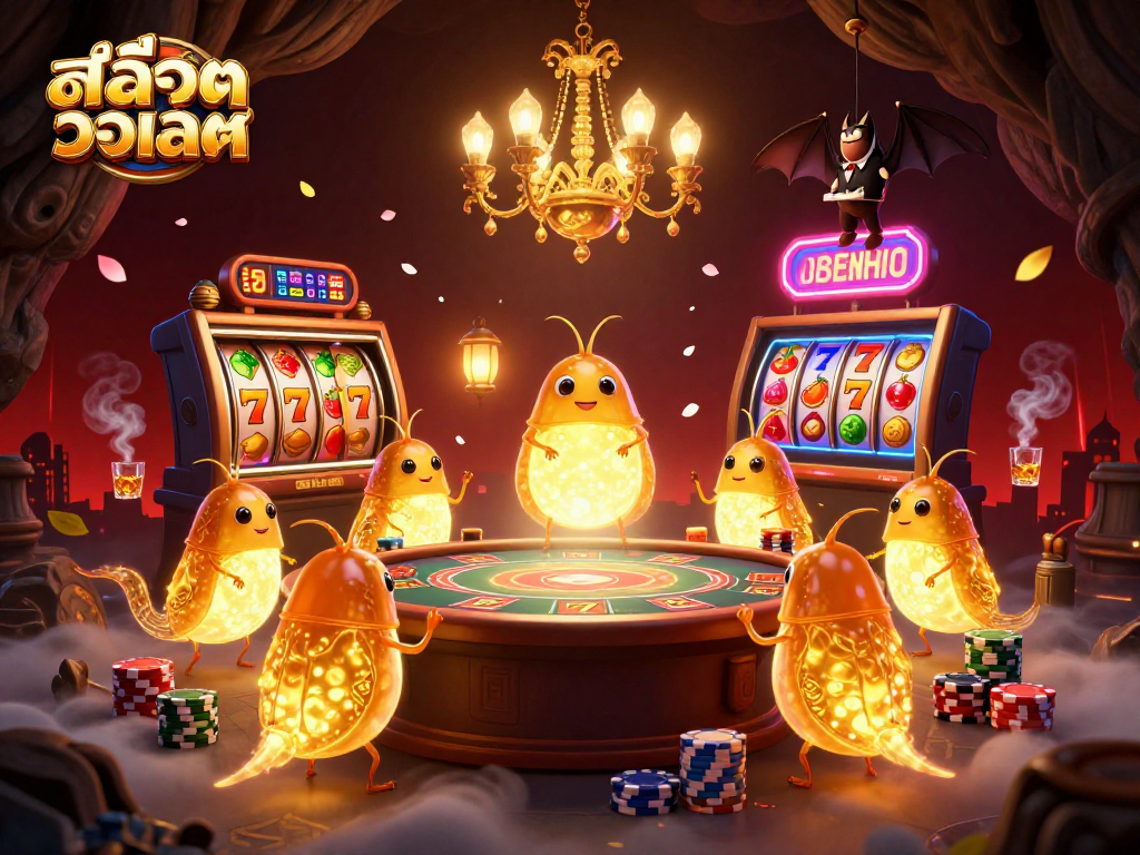 Spin to win atสล็อตวอเลท with a vibrant casino scene featuring glowworms and exciting game elements.