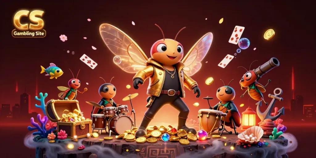 Vibrant 3D scene showcasing a CS Gambling Site with a cicada rock star and dynamic gameplay elements.