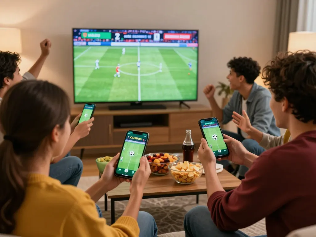 Engaged viewers placing bets on footbal stream Cakhiatv while watching live football in a cozy home setting.
