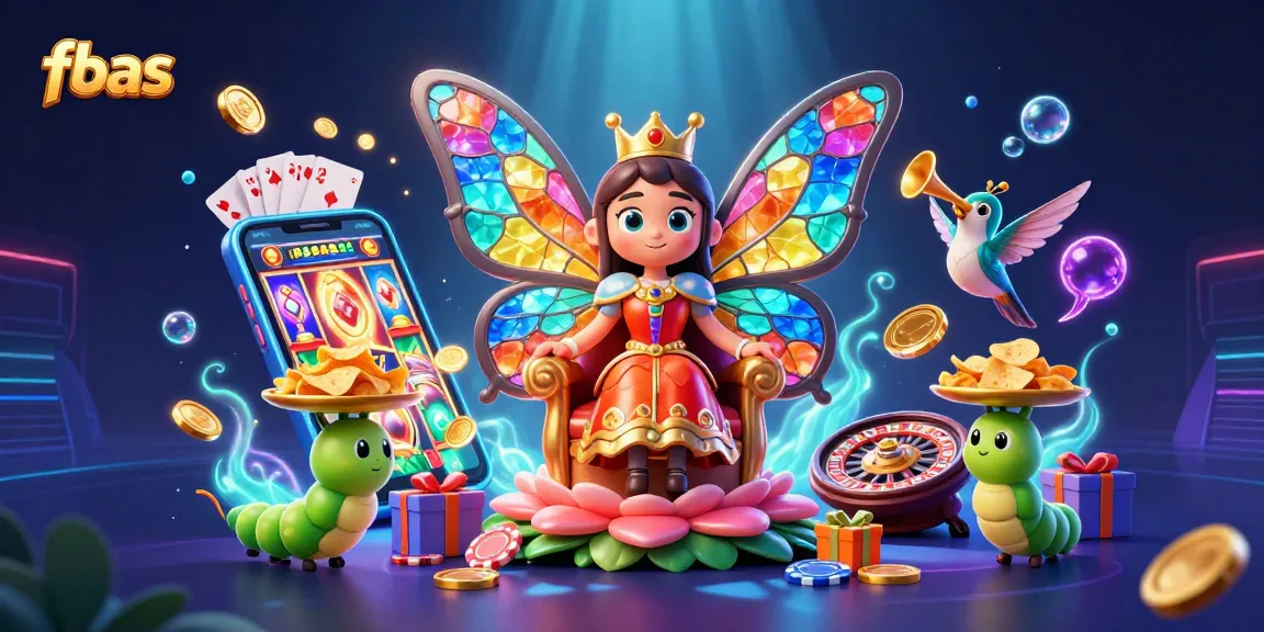 Join fbas in this vibrant casino scene with a butterfly queen, mobile slots, and winning chips.