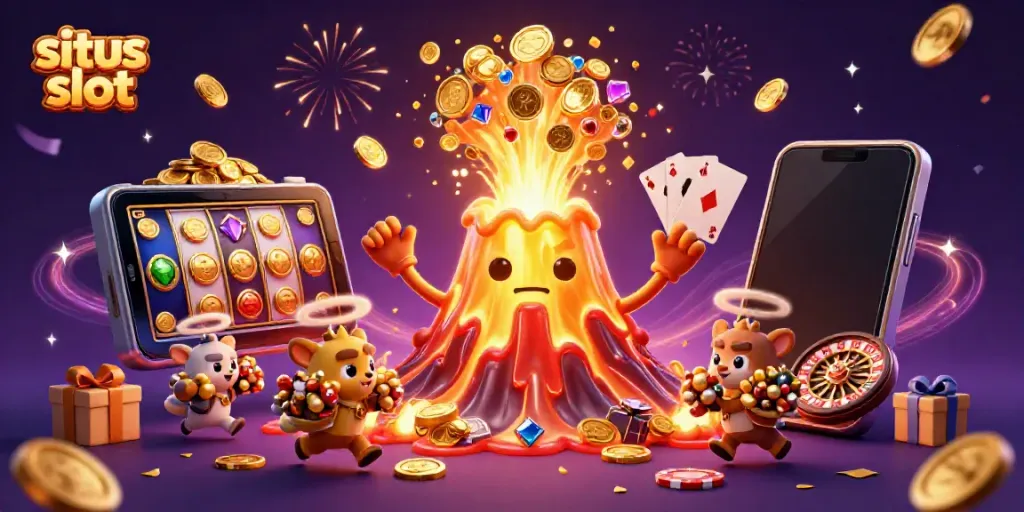 Experience the thrill of situs slot with vibrant gaming action, gold coins, and a joyous eruption!