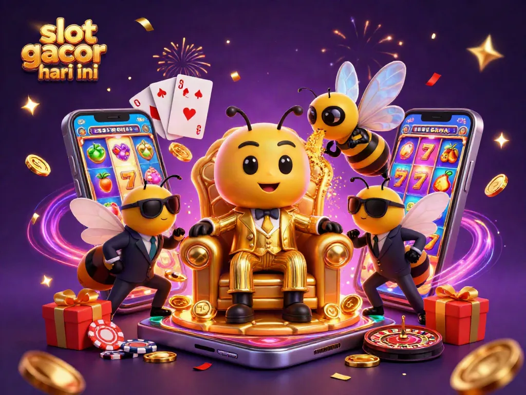Gambarkan slot gacor hari ini dengan ilustrasi yang menampilkan karakter kasino yang dinamis dan elemen permainan menarik.