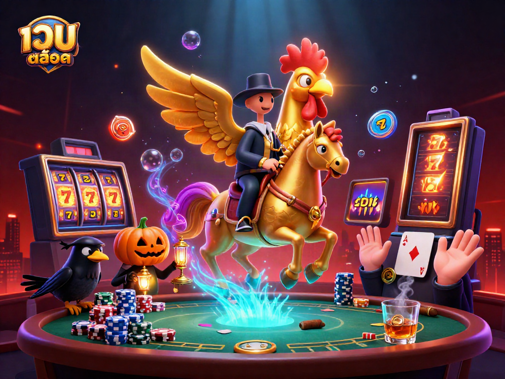 Engage in thrilling เว็บสล็อต gameplay with a golden rooster and spectral horse in a captivating casino scene.