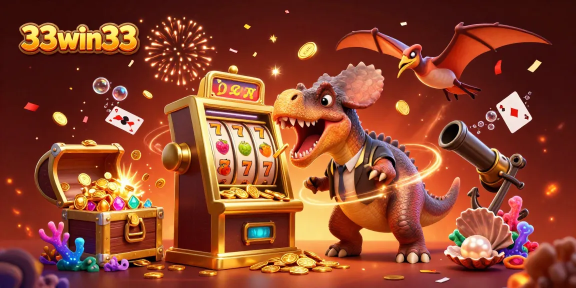 33win33 features a dynamic casino scene with a pachycephalosaurus winning jackpots and gold coins, showcasing thrilling gameplay.