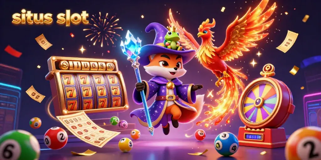 Engage in situs slot action with a wizard fox and a phoenix amid vibrant game elements.