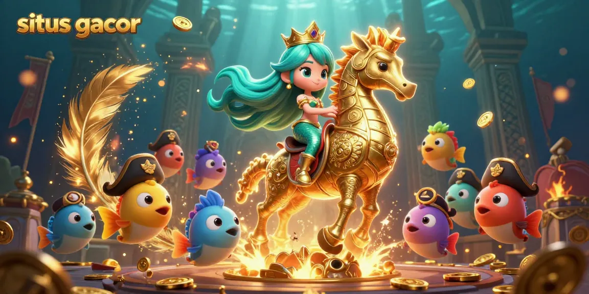 Situs gacor showcases a mermaid princess with a seahorse amidst gold coins and vivid underwater characters.