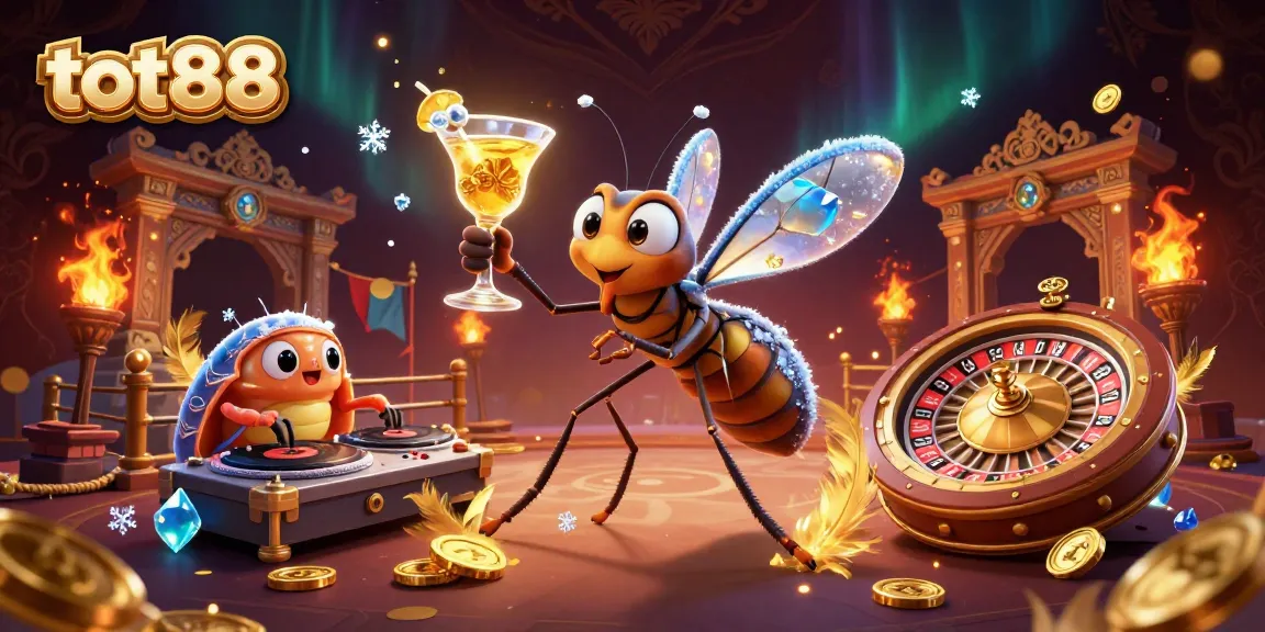 Experience a vibrant tot88 casino scene with a frozen mosquito mascot, trilobite DJ, and golden roulette elements.