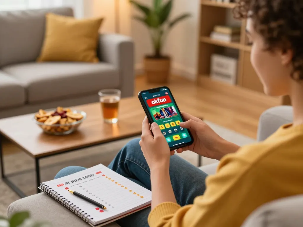 Play games on the okfun app while enjoying a cozy home setup with snacks and drinks.