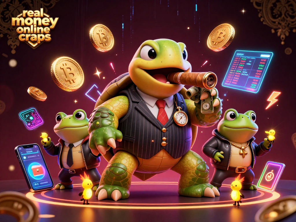 Engage in thrilling real money online craps with a charming turtle and bullfrogs set in an animated casino scene.