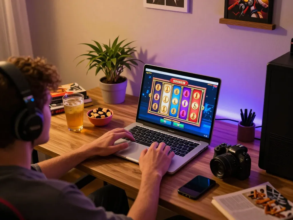 Engaging scene of a user playing slot online on a laptop, highlighting the colorful game interface.
