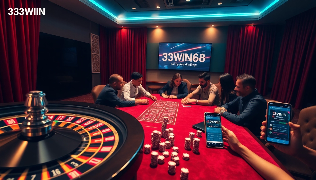 Gambling excitement at 33WIN68 with a roulette wheel, poker chips, and vibrant digital interface.