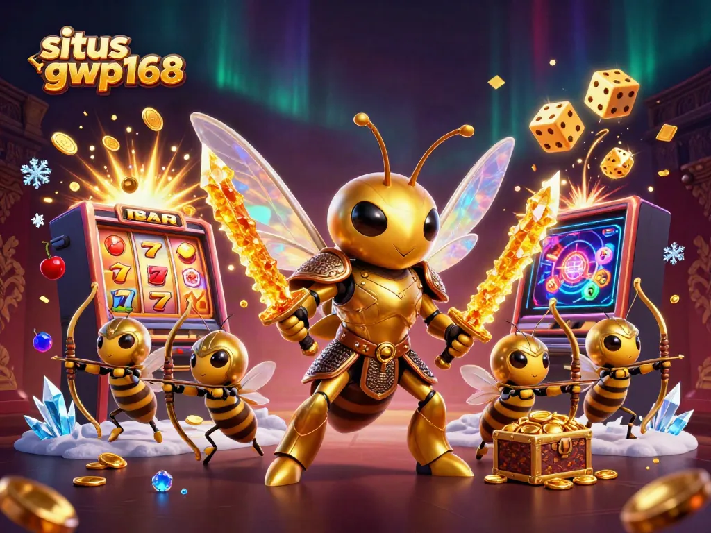 Ilustrasi 3D yang menampilkan situs gwp168 dengan karakter hornet emas, mesin slot, dan unsur kasino.