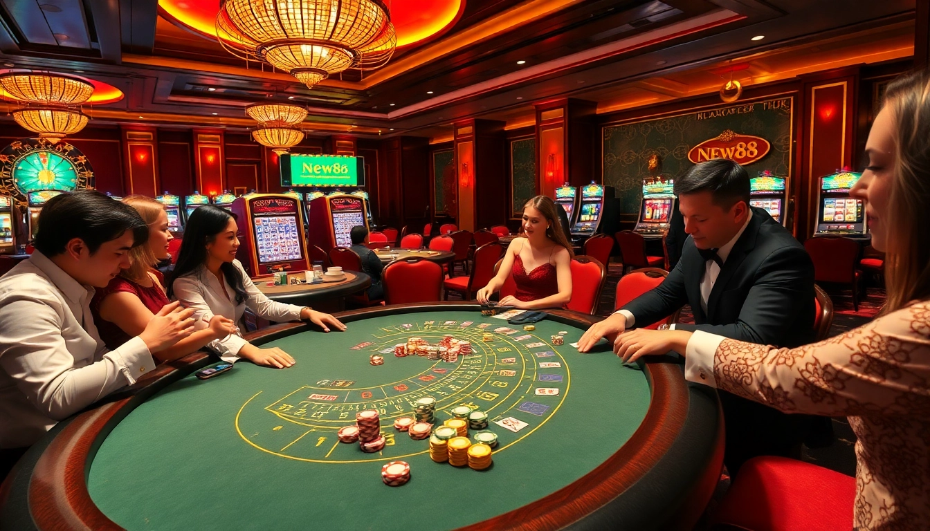 NEW88 live dealer table with engaging players and luxurious casino atmosphere.