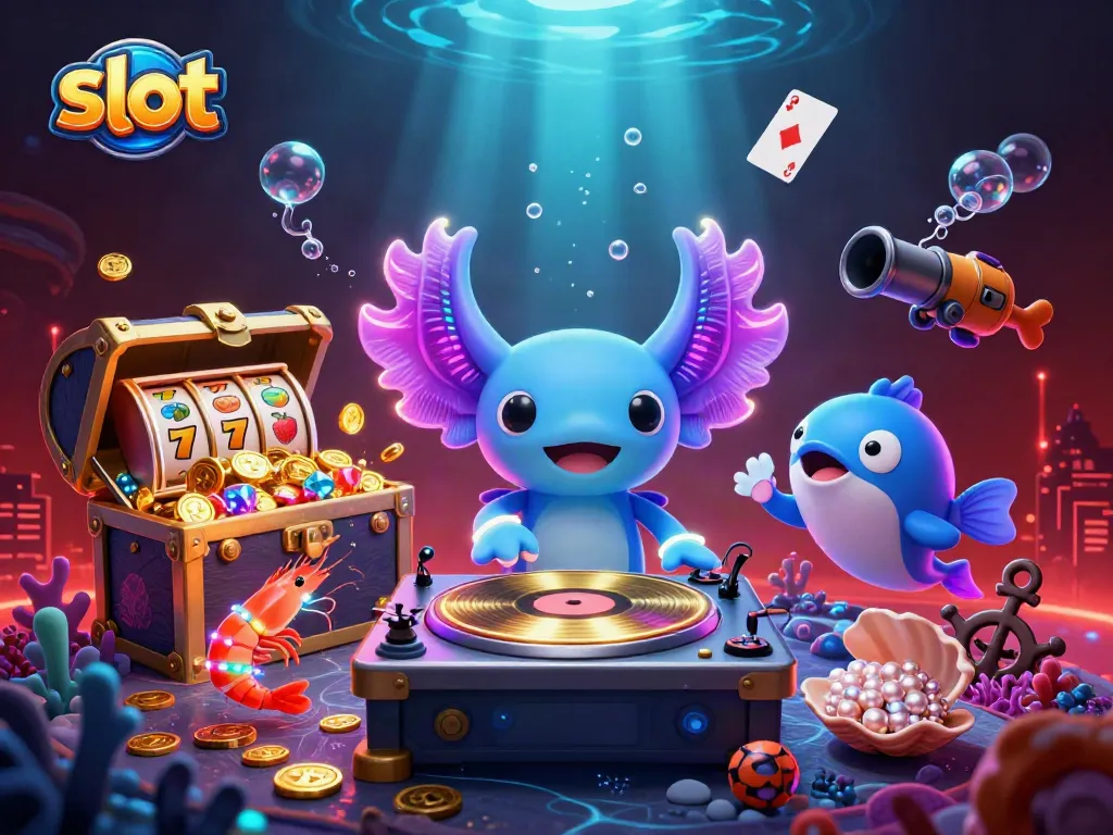 Slot yang penuh warna dan elemen kasino, dengan DJ axolotl menari.