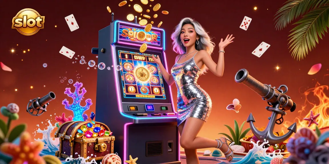 Spin and win at the slot machine featuring a joyful woman, capturing the excitement of casino jackpots.