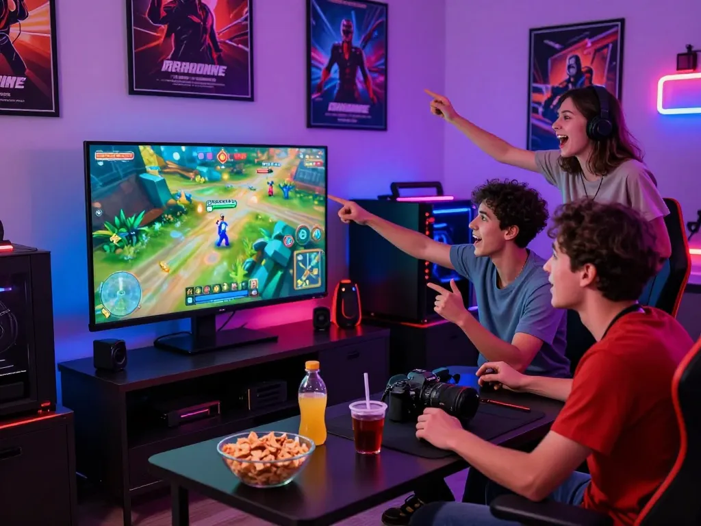 Friends enjoying an adult game night with lively interactions and colorful gaming setup.