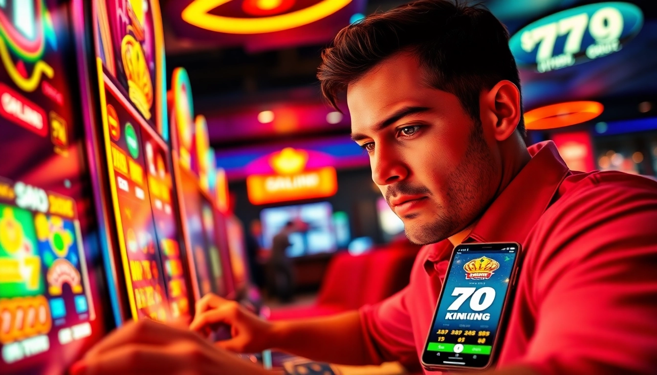 Engaging scene of a player using the 79king app in a vibrant online gambling lounge.