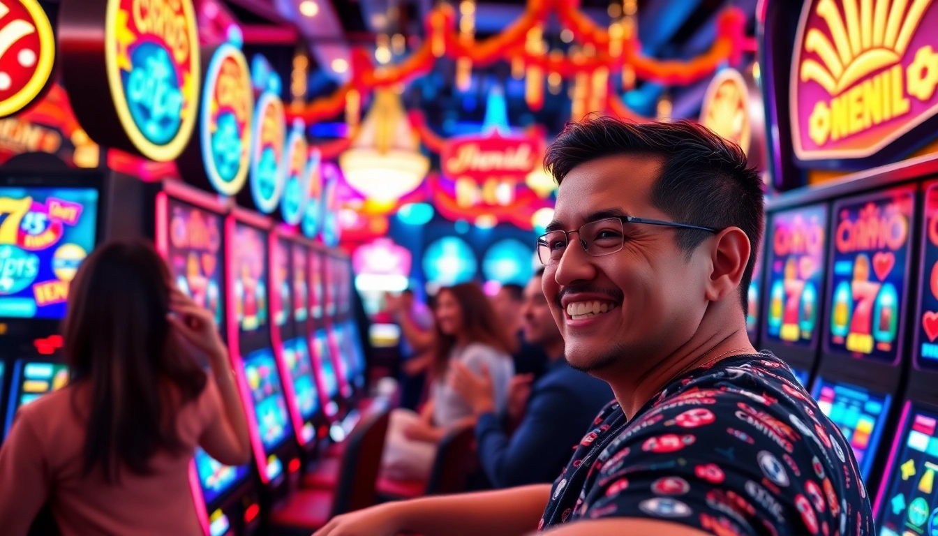 Slot Game menampilkan pemain bahagia saat bermain mesin slot yang berwarna-warni.