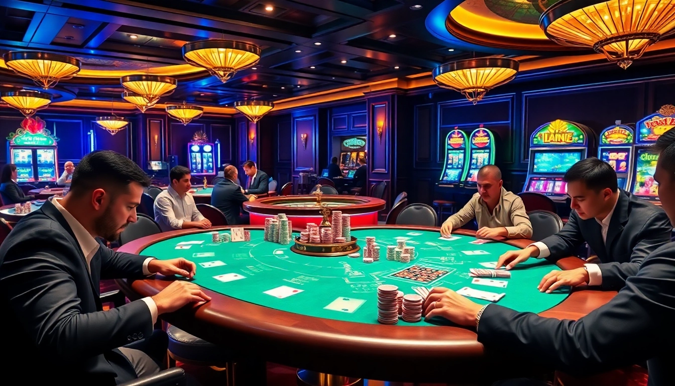 Playing high-stakes poker at a luxurious casino featuring OK8386-themed tables and chips.