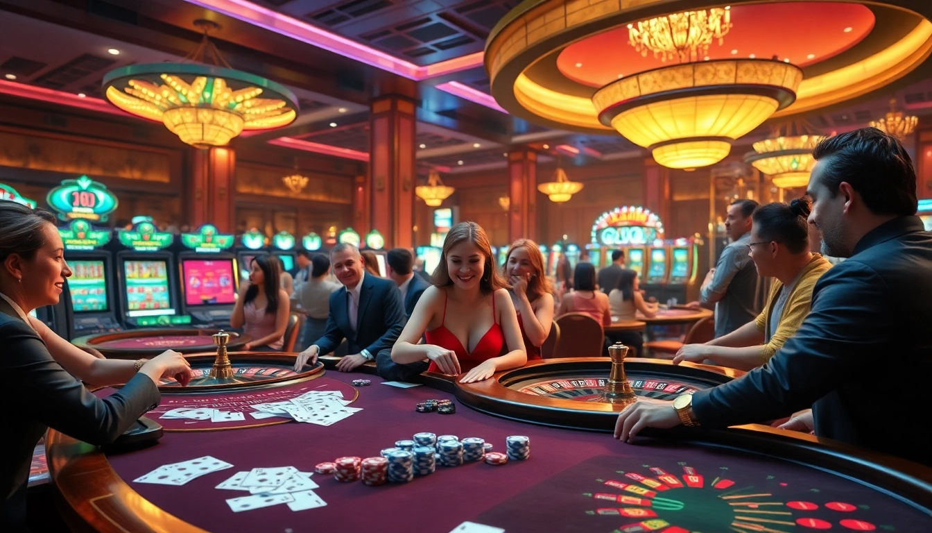 Engage in the thrilling atmosphere of jun88.com with players at vibrant casino tables, enjoying card games and roulette.