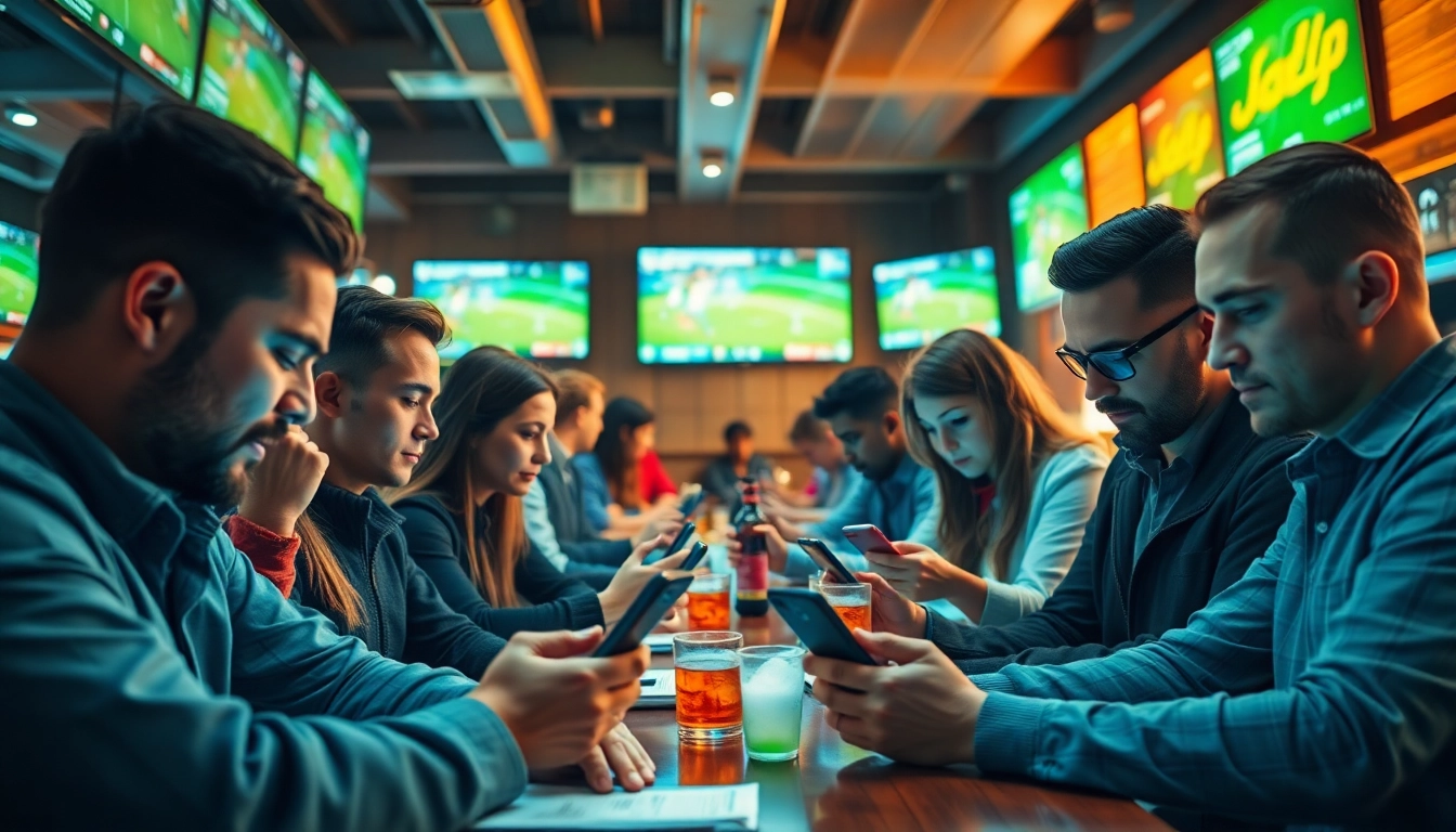 Taruhan SBOBET yang menarik di bar olahraga modern dengan penonton fokus di perangkat mobile mereka.