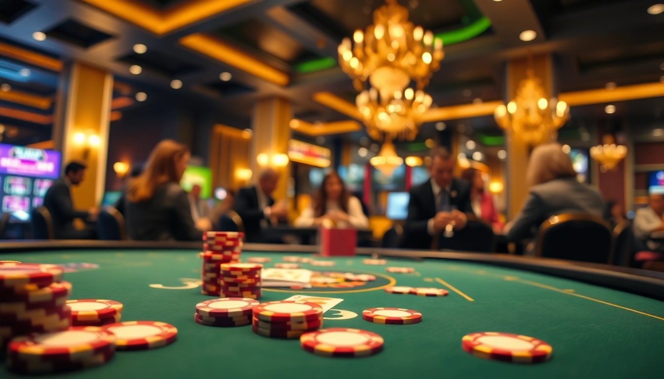 Casino gaming table showcasing vibrant chips and cards amidst an exciting atmosphere