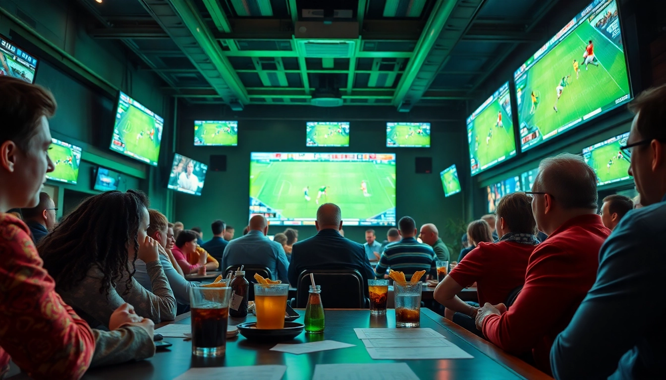 Patrons engaging in sports betting at a lively bar with various screens showing games.